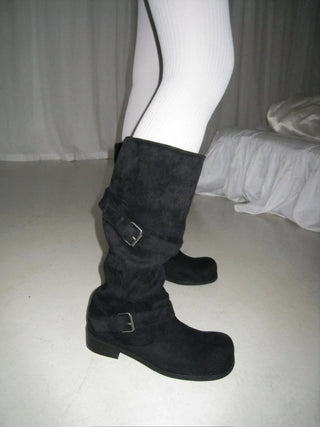 buckle suede leather long boots