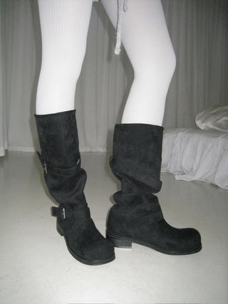 buckle suede leather long boots