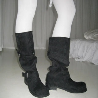 buckle suede leather long boots