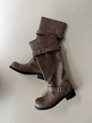 buckle suede leather long boots