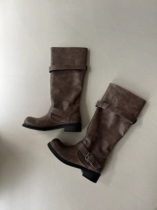 buckle suede leather long boots