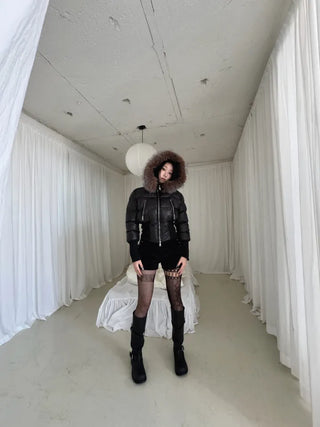 long shirred raccoon fur hooded wellon slim-fit cropped short padding