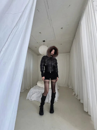 long shirred raccoon fur hooded wellon slim-fit cropped short padding