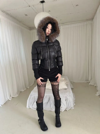 long shirred raccoon fur hooded wellon slim-fit cropped short padding