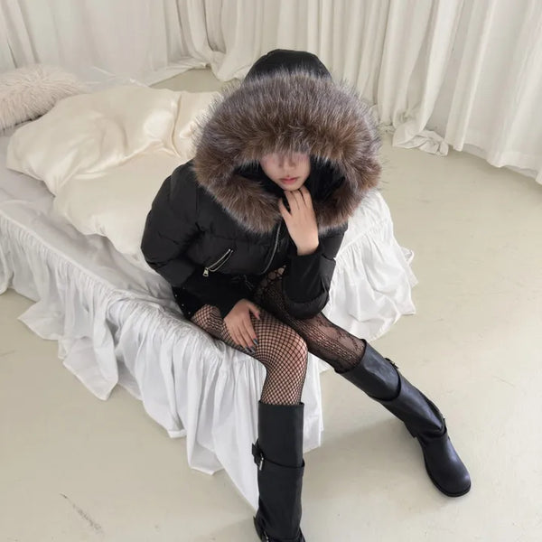 long shirred raccoon fur hooded wellon slim-fit cropped short padding