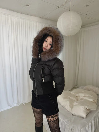 long shirred raccoon fur hooded wellon slim-fit cropped short padding