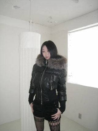 long shirred raccoon fur hooded wellon slim-fit cropped short padding