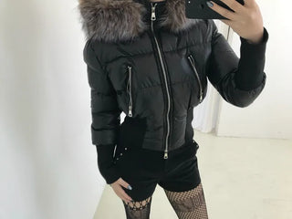 long shirred raccoon fur hooded wellon slim-fit cropped short padding