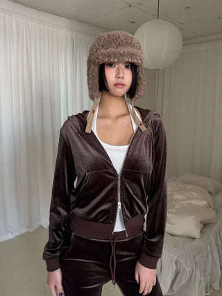 set velvet velour hooded zip-up bootcut pants training set