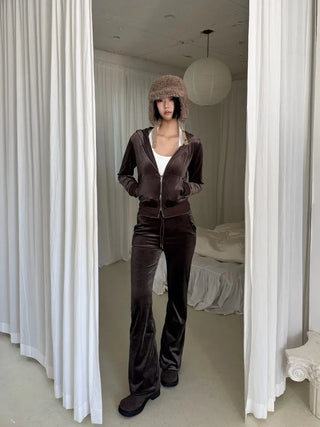 set velvet velour hooded zip-up bootcut pants training set