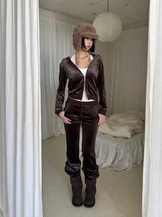set velvet velour hooded zip-up bootcut pants training set