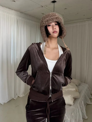 set velvet velour hooded zip-up bootcut pants training set