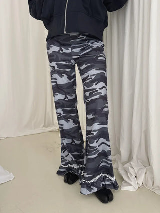 Camouflage Lace Frill Pleated Leggings with Flare Banding Pants