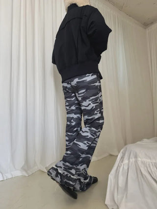 Camouflage Lace Frill Pleated Leggings with Flare Banding Pants