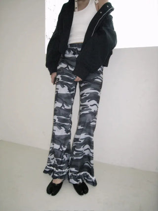 Camouflage Lace Frill Pleated Leggings with Flare Banding Pants