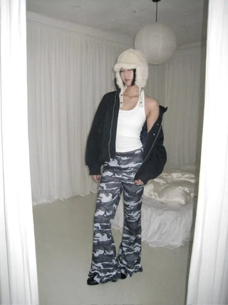 Camouflage Lace Frill Pleated Leggings with Flare Banding Pants