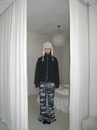 Camouflage Lace Frill Pleated Leggings with Flare Banding Pants