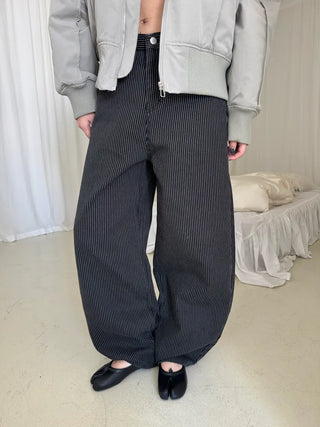 Black Striped Wide Curve Cotton Pants