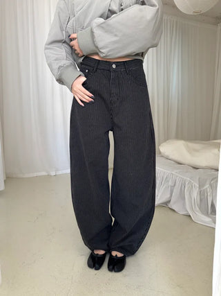 Black Striped Wide Curve Cotton Pants
