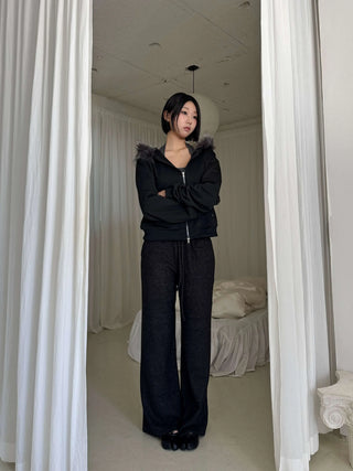 Rivet Two-Way Zipper Fur Hooded Zip-Up