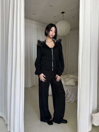 Rivet Two-Way Zipper Fur Hooded Zip-Up
