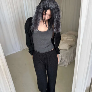 Rivet Two-Way Zipper Fur Hooded Zip-Up