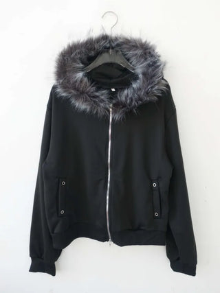 Rivet Two-Way Zipper Fur Hooded Zip-Up