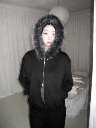 Rivet Two-Way Zipper Fur Hooded Zip-Up