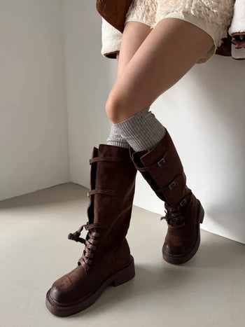 MuMu Suede Leather Strap Long Boots