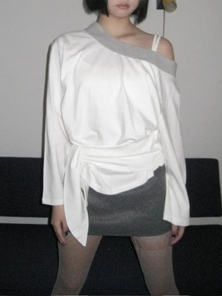 off-shoulder ribbon loose fit bundled long-sleeved t-shirt