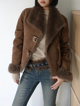 Venetian buckle trimmed fur mustang jacket