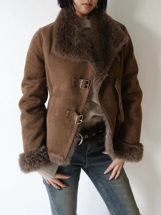 Venetian buckle trimmed fur mustang jacket