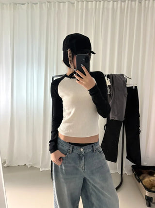 Nagrang color blocking ribbed knit long-sleeved t-shirt