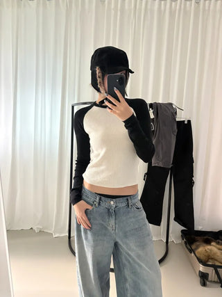 Nagrang color blocking ribbed knit long-sleeved t-shirt