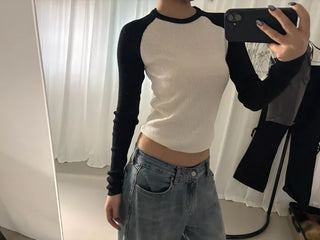 Nagrang color blocking ribbed knit long-sleeved t-shirt