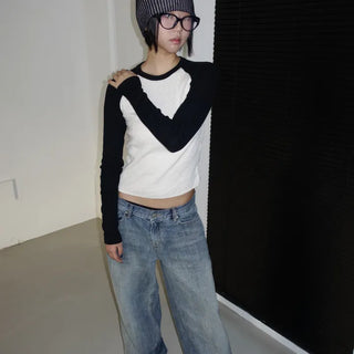 Nagrang color blocking ribbed knit long-sleeved t-shirt