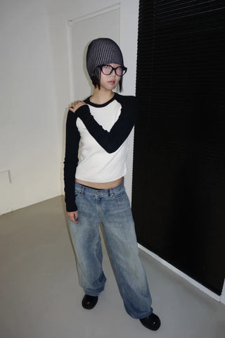 Nagrang color blocking ribbed knit long-sleeved t-shirt