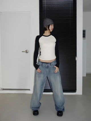 Nagrang color blocking ribbed knit long-sleeved t-shirt