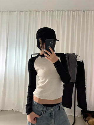 Nagrang color blocking ribbed knit long-sleeved t-shirt