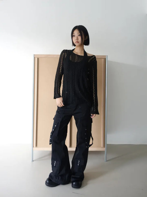 diagonal net see-through layered long knit