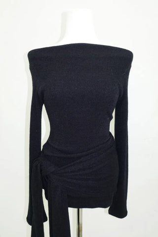 boat neck off-shoulder wrap knot long-sleeve t-shirt