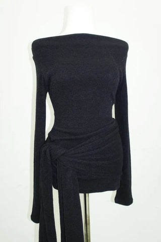 boat neck off-shoulder wrap knot long-sleeve t-shirt