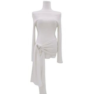 boat neck off-shoulder wrap knot long-sleeve t-shirt