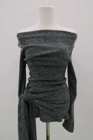 boat neck off-shoulder wrap knot long-sleeve t-shirt