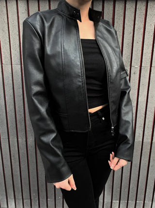 Belted Biker China Collar Two-Way Zipper Leather Jacket
