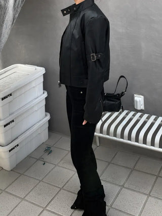 Belted Biker China Collar Two-Way Zipper Leather Jacket