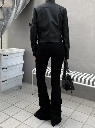 Belted Biker China Collar Two-Way Zipper Leather Jacket