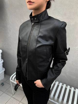 Belted Biker China Collar Two-Way Zipper Leather Jacket