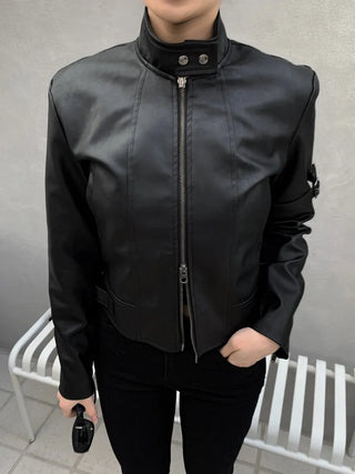 Belted Biker China Collar Two-Way Zipper Leather Jacket
