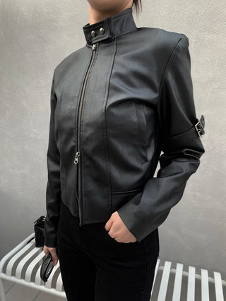 Belted Biker China Collar Two-Way Zipper Leather Jacket